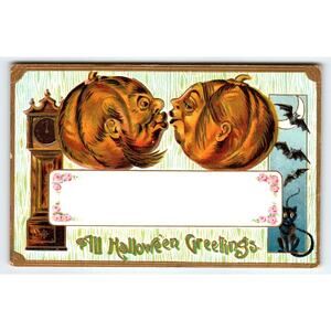Vintage 1907-1915 Halloween Postcard Pumpkin Heads Kissing Bats And Black Cat